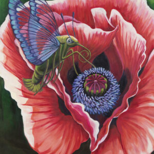 A painting of a hummingbird sitting on the flower