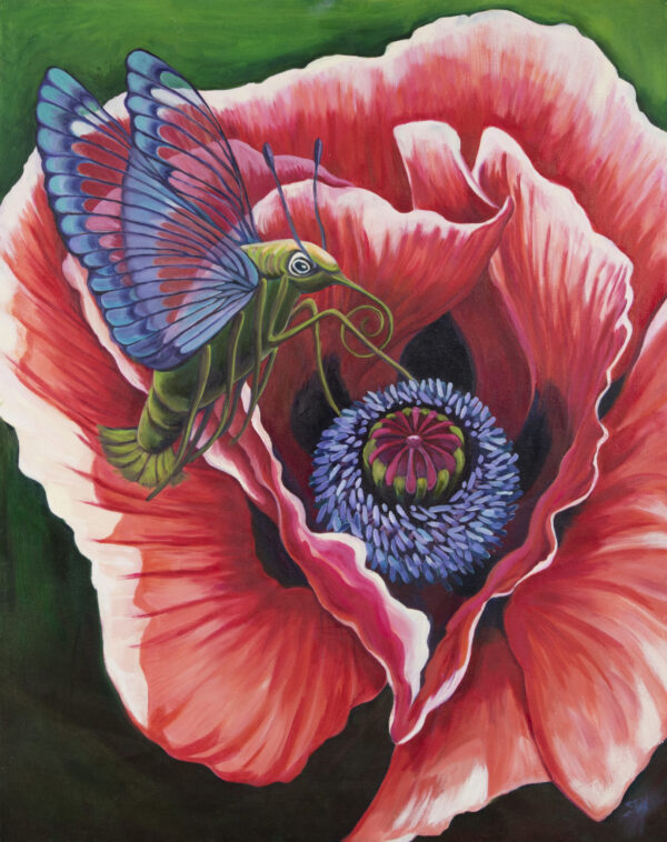 A painting of a hummingbird sitting on the flower