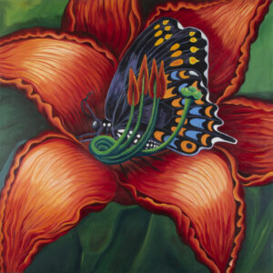 A painting of an orange flower with a butterfly on it.