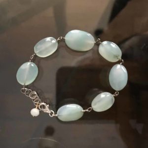 An SW Exclusive Design Aqua Adventurine Oval Bead Bracelet 14k Gold Filled Wire Wrap, and Clasp 7.5"