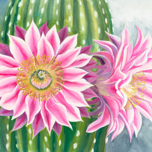 A painting of two pink flowers on top of a cactus.