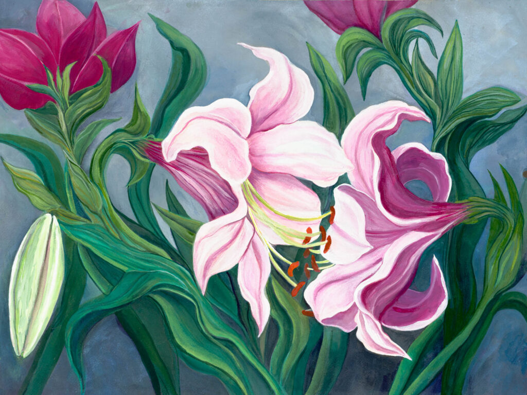 A painting of pink flowers with green leaves.