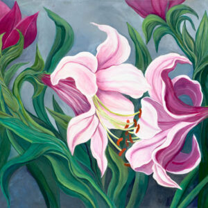 A painting of pink flowers with green leaves.