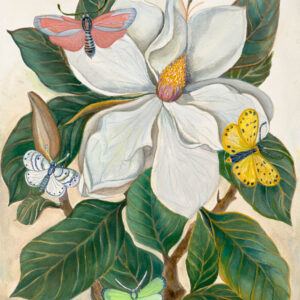 A painting of flowers and butterflies on a tree.