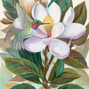 A painting of a hummingbird and magnolia flower.