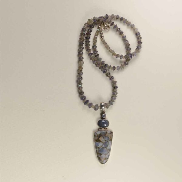 A necklace with a long beaded chain and a pendant.