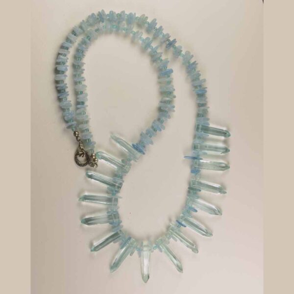 A necklace of blue beads is shown on the white background.