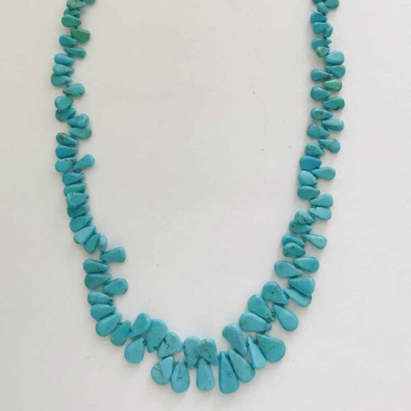 A long necklace of turquoise beads on a white background