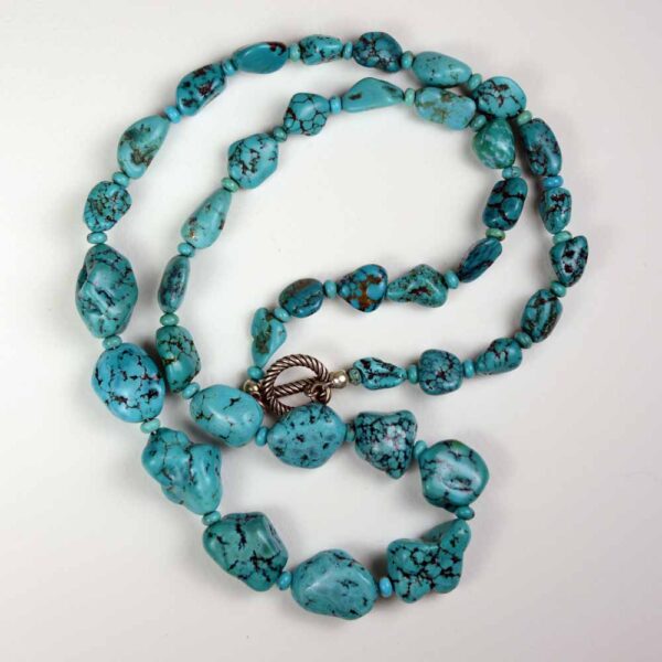 A long necklace of turquoise beads with a clasp.