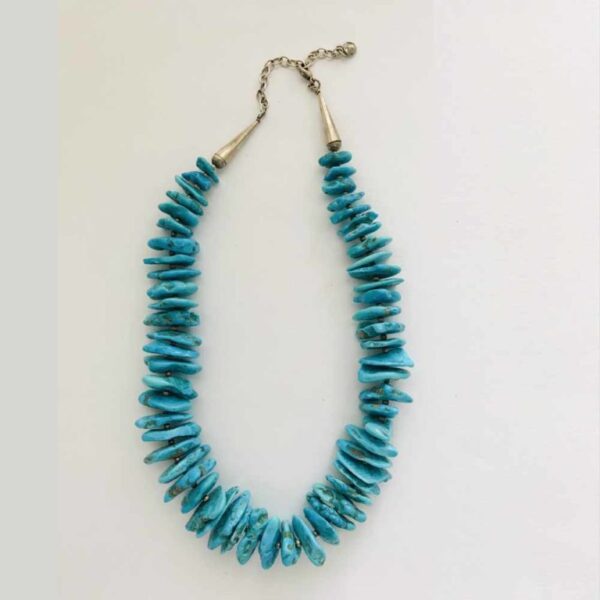 A necklace of turquoise beads is shown on a white background.