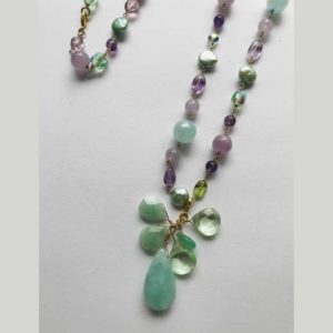 An Exclusive SW Design Handmade Amethyst, Pearl Jade 14K Gold Filled Wire Wraped 30" Necklace