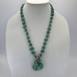 An Exclusive SW Design Green Turquoise Pendant with 14k GF Wire Wrapped Rectangular Beads Necklace 30"