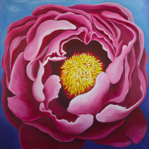 A painting of a pink flower with yellow center.