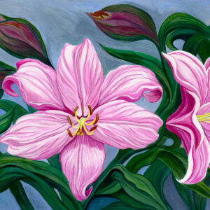 A painting of pink flowers and green leaves.