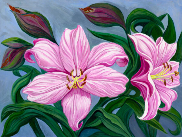 A painting of pink flowers and green leaves.