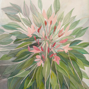 A painting of leaves and pink flowers in the center.