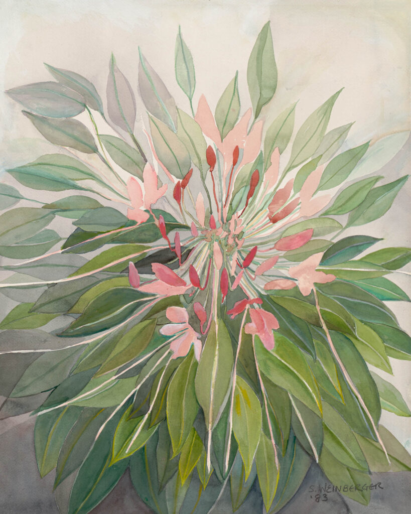 A painting of leaves and pink flowers in the center.