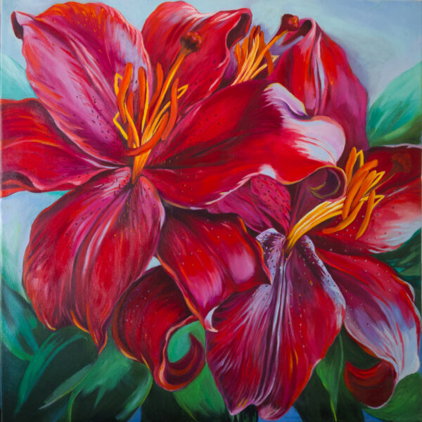 A painting of red flowers with yellow centers